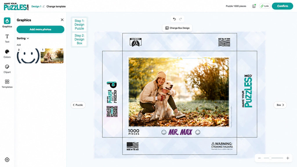 Custom puzzle box designer showing background, message, and graphics options