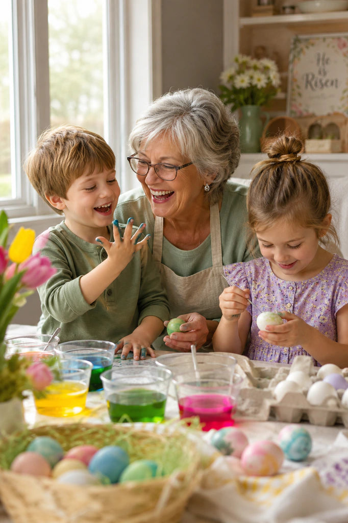 Grandmother and two grandchildren decorating Easter eggs together at home