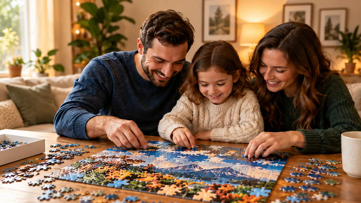 Young family assembling a photo puzzle