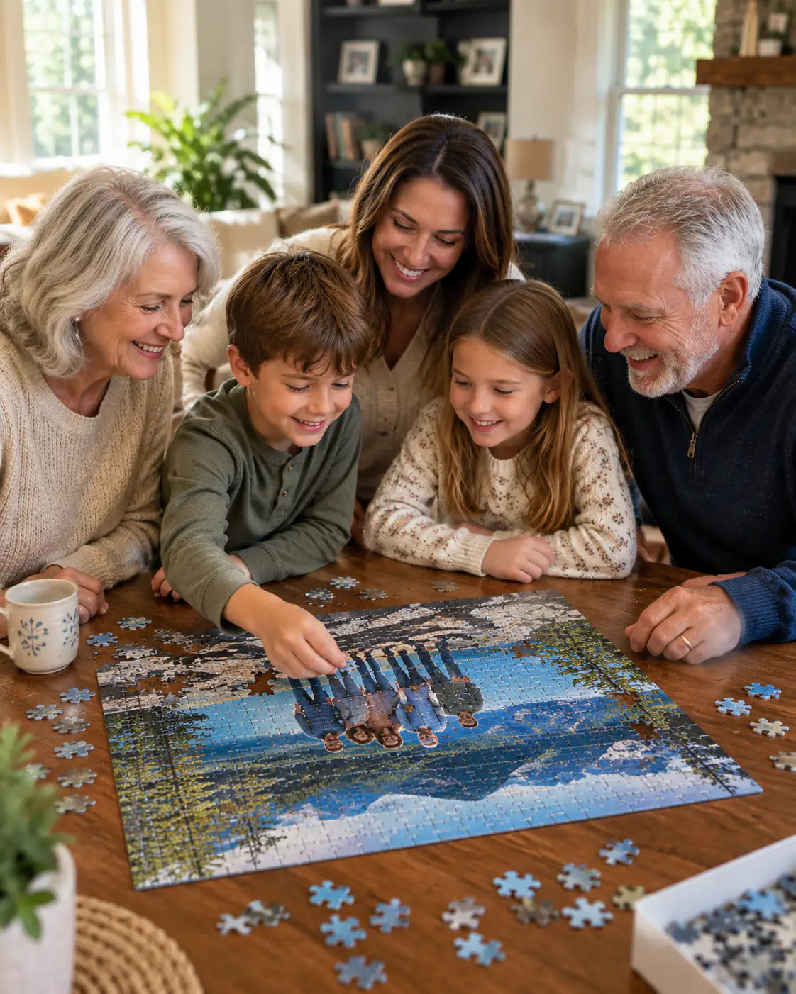 Multigenerational family enjoying a family photo puzzle together