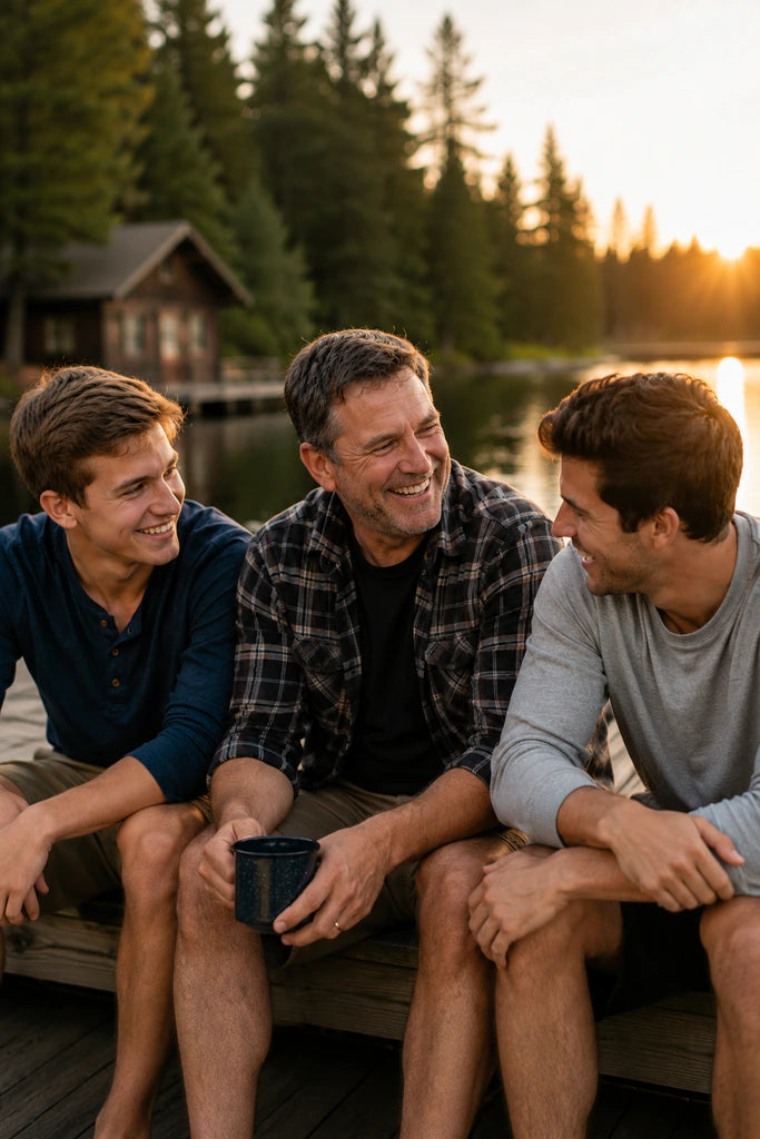 Father enjoying time with his sons on a lakeside dock for Father’s Day