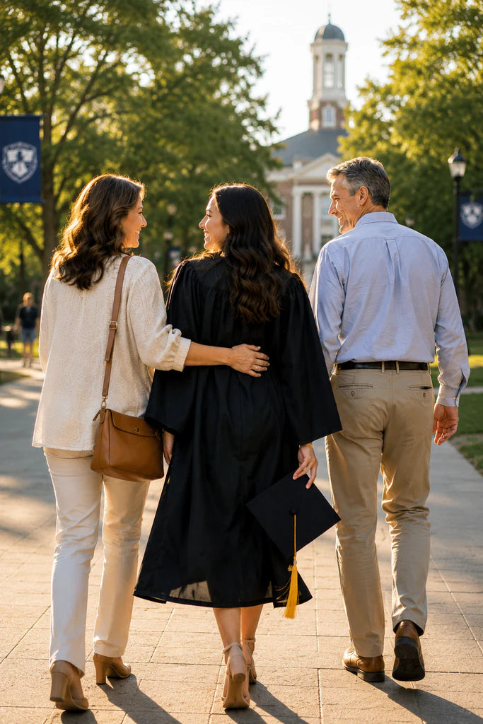 Graduate walking across campus with her parents after graduation