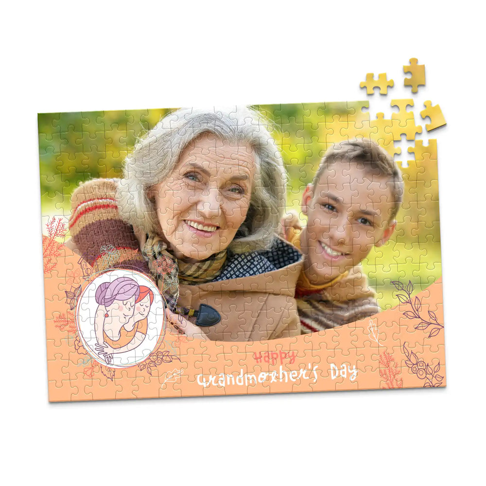 Grandma with grandchild and text as a photo puzzle