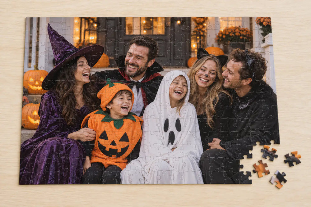 Personalized Halloween photo puzzle featuring family and friends in costumes.