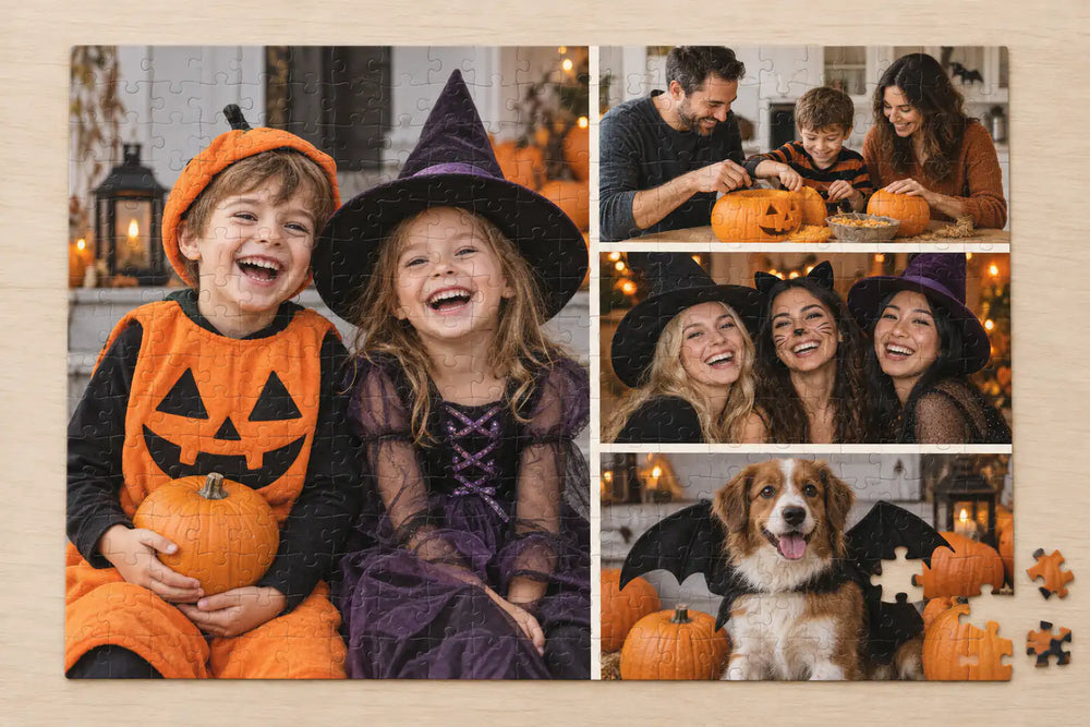 Halloween photo collage puzzle with costume photos, pumpkin carving, and a dog dressed as a bat.