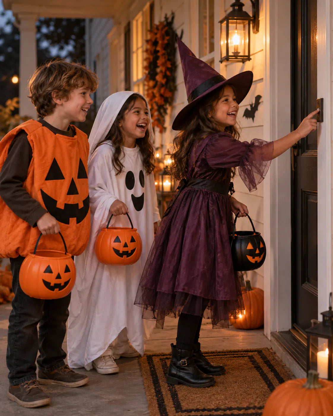 Children trick-or-treating in Halloween costumes, a photo idea for a personalized Halloween Photo Puzzle.