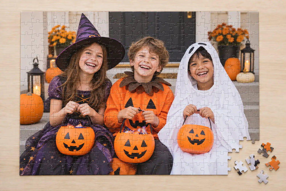 Halloween photo puzzle for kids featuring three friends in costumes holding pumpkin candy buckets.