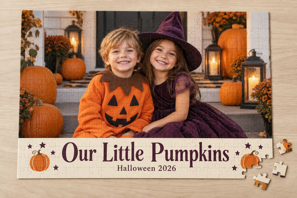 Custom Halloween photo puzzle featuring two children in costumes and “Our Little Pumpkins” text.