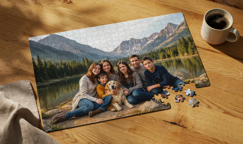 Completed custom photo puzzle on a wooden table