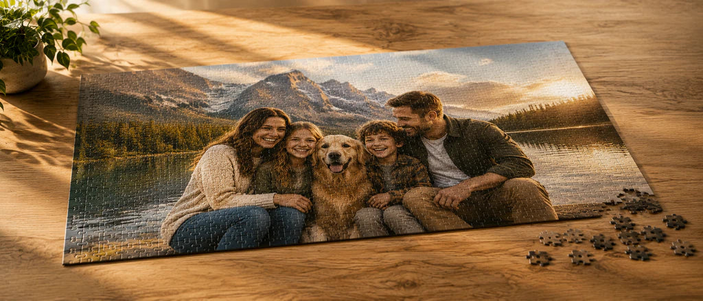 Completed custom photo puzzle on a wooden table