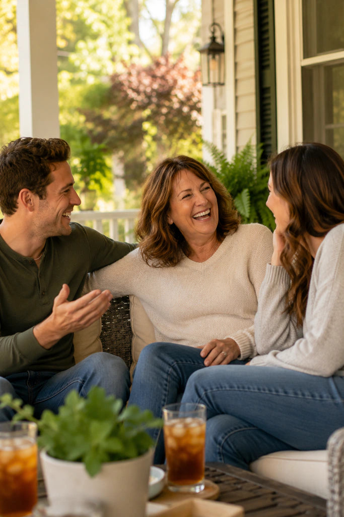 Mom sitting with her two children on a porch in front of the house