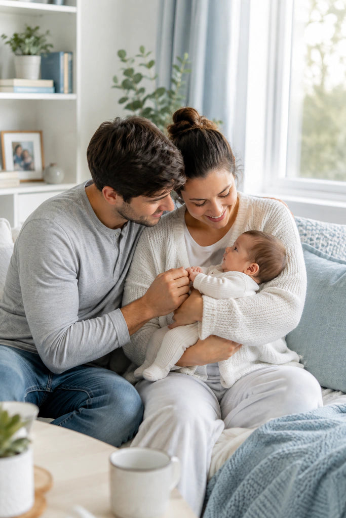 New parents sharing a quiet moment at home with their newborn baby