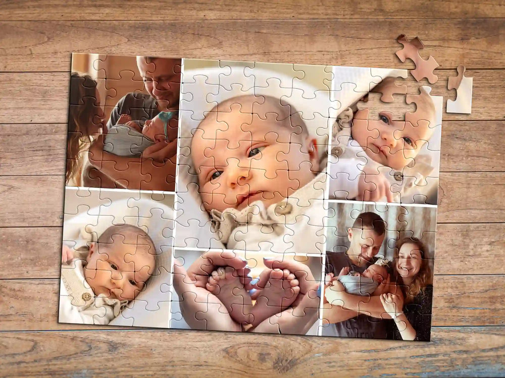 moments of the new baby as a photo collage puzzle