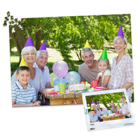 Personalized Birthday Puzzle Landscape orientation 1000 Pieces and matching puzzle box showing a family portrait of six people celebrating a birthday outdoors