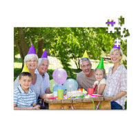 Personalized Birthday Puzzle Landscape orientation 252 Pieces showing a family portrait of six people celebrating a birthday outdoors