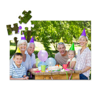 Personalized Birthday Puzzle Landscape orientation 48 Pieces showing a family portrait of six people celebrating a birthday outdoors