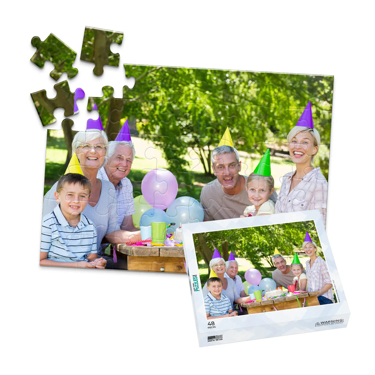 Personalized Birthday Puzzle Landscape orientation 48 Pieces and puzzle box showing a family portrait of six people celebrating a birthday outdoors