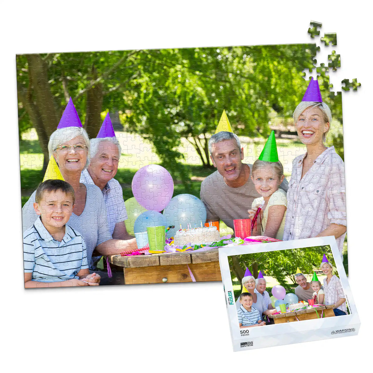 Personalized Birthday Puzzle Landscape orientation 500 Pieces with matching puzzle box showing a family portrait of six people celebrating a birthday outdoors