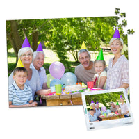 Personalized Birthday Puzzle Landscape orientation 500 Pieces with matching puzzle box showing a family portrait of six people celebrating a birthday outdoors
