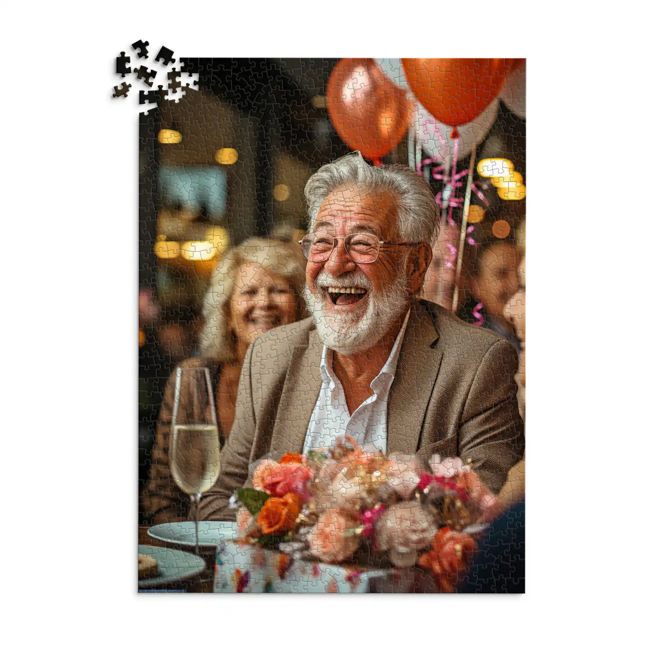 Personalized Birthday Puzzle 1000 Pieces featuring a photo of a smiling older man with a white beard and glasses, wearing a brown blazer, seated at a table with balloons, flowers, and a champagne flute.