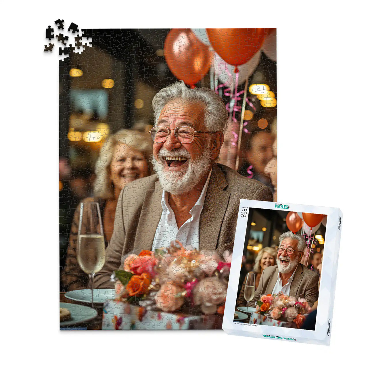 Personalized Birthday Puzzle 1000 Pieces with matching puzzle box featuring a photo of a smiling older man with a white beard and glasses, wearing a brown blazer, seated at a table with balloons, flowers, and a champagne flute.