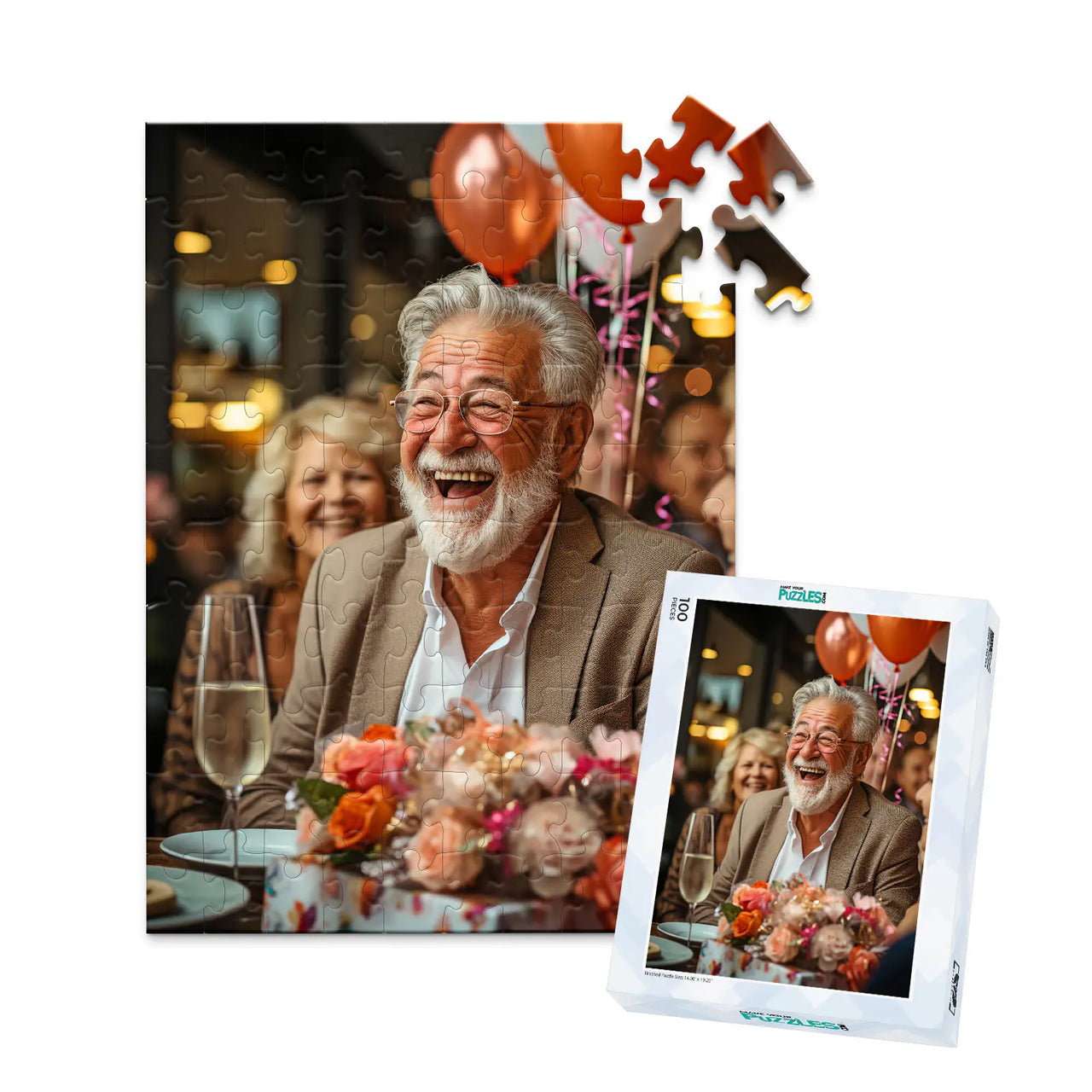 Personalized Birthday Puzzle 100 Pieces with matching puzzle box featuring a photo of a smiling older man with a white beard and glasses, wearing a brown blazer, seated at a table with balloons, flowers, and a champagne flute.