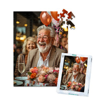 Personalized Birthday Puzzle 100 Pieces with matching puzzle box featuring a photo of a smiling older man with a white beard and glasses, wearing a brown blazer, seated at a table with balloons, flowers, and a champagne flute.