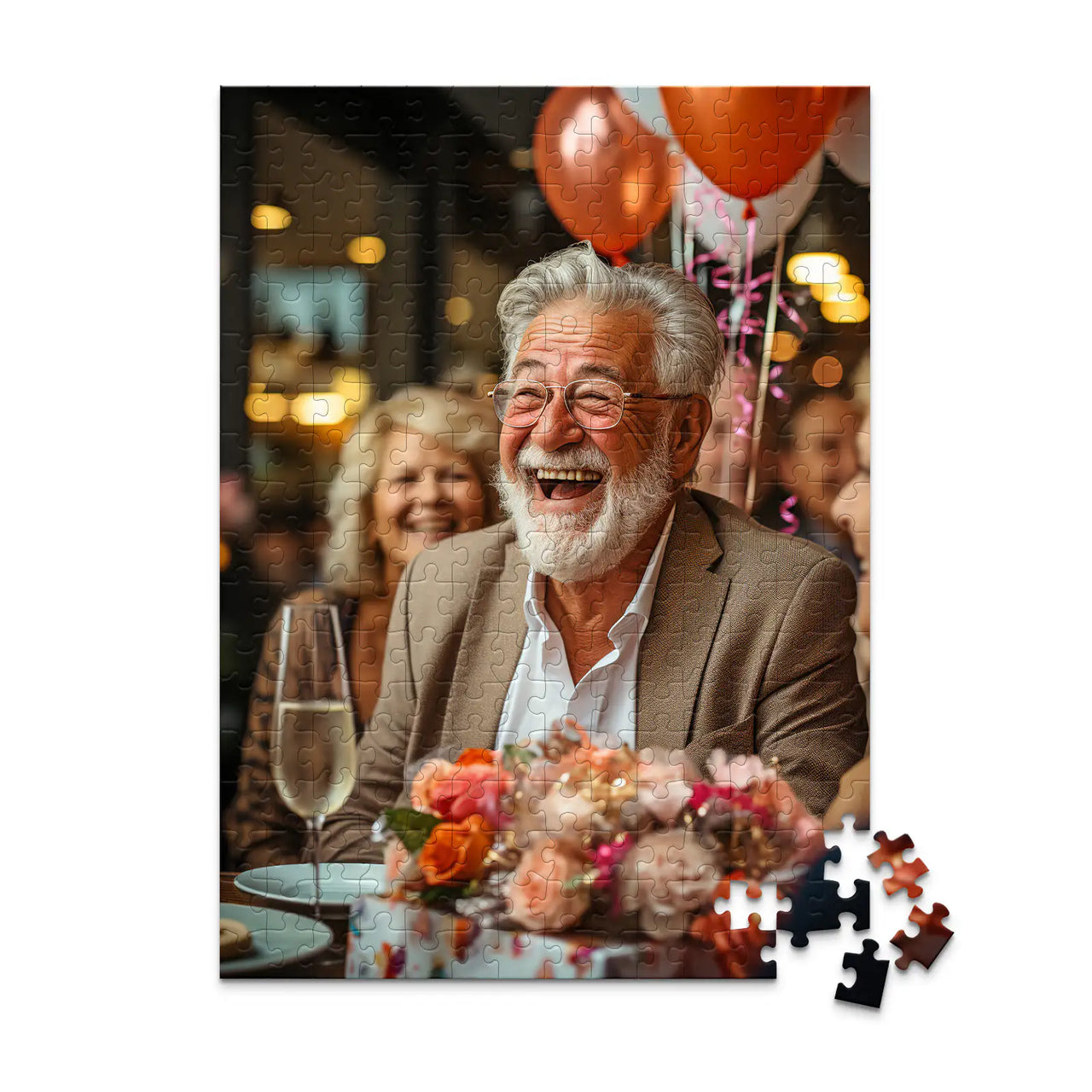 Personalized Birthday Puzzle 252 Pieces featuring a photo of a smiling older man with a white beard and glasses, wearing a brown blazer, seated at a table with balloons, flowers, and a champagne flute.