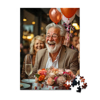 Personalized Birthday Puzzle 252 Pieces featuring a photo of a smiling older man with a white beard and glasses, wearing a brown blazer, seated at a table with balloons, flowers, and a champagne flute.