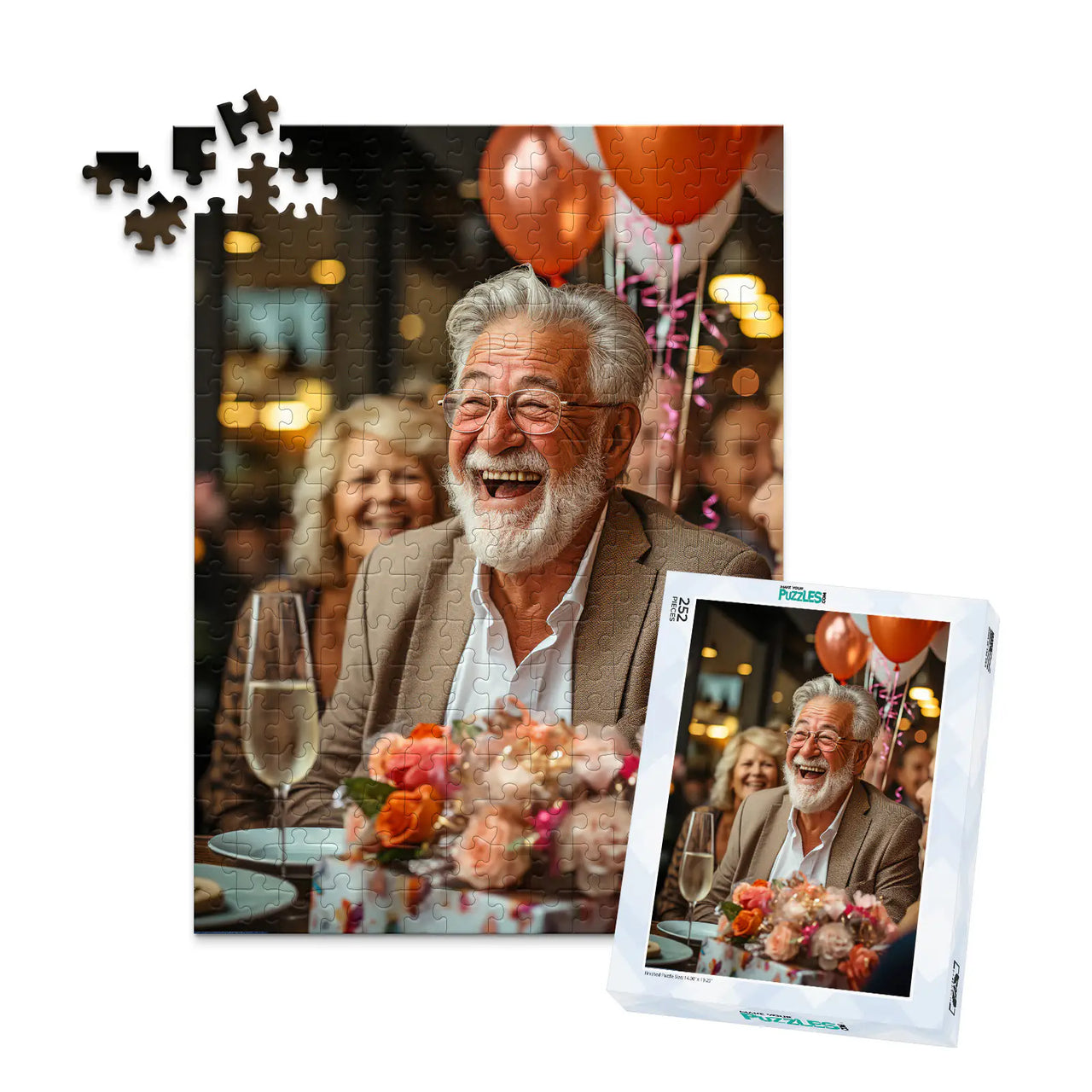 Personalized Birthday Puzzle 252 Pieces with matching puzzle box featuring a photo of a smiling older man with a white beard and glasses, wearing a brown blazer, seated at a table with balloons, flowers, and a champagne flute.