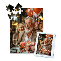 Personalized Birthday Puzzle 48 Pieces with matching puzzle box featuring a photo of a smiling older man with a white beard and glasses, wearing a brown blazer, seated at a table with balloons, flowers, and a champagne flute.
