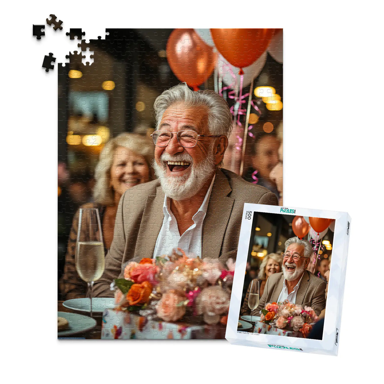 Personalized Birthday Puzzle 500 Pieces  with matching puzzle box featuring a photo of a smiling older man with a white beard and glasses, wearing a brown blazer, seated at a table with balloons, flowers, and a champagne flute.