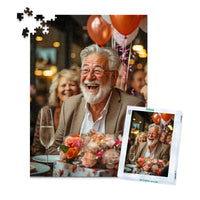 Personalized Birthday Puzzle 500 Pieces  with matching puzzle box featuring a photo of a smiling older man with a white beard and glasses, wearing a brown blazer, seated at a table with balloons, flowers, and a champagne flute.