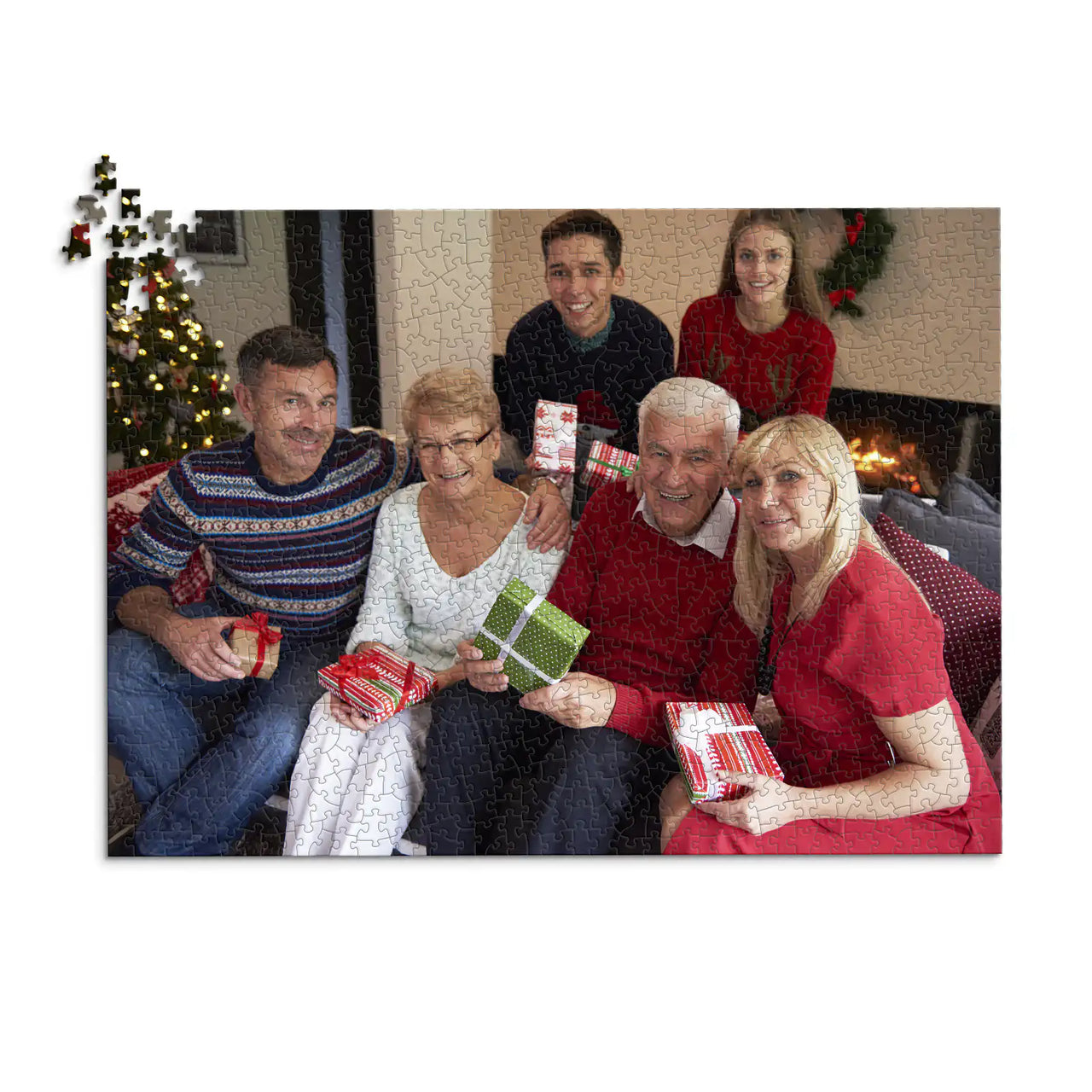 1000 piece personalized Christmas puzzle featuring a family opening gifts.
