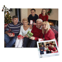 1000 piece personalized Christmas puzzle featuring a family opening gifts, shown with its matching puzzle box