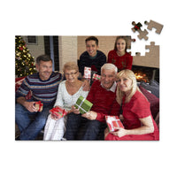 100 piece personalized Christmas puzzle featuring a family opening gifts.