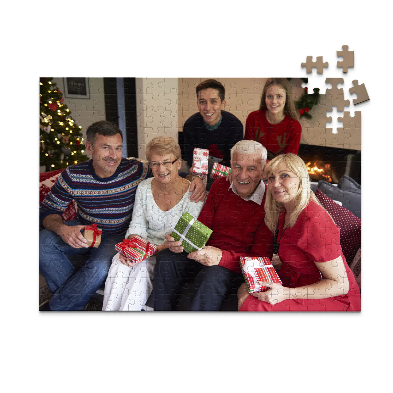 252 piece personalized Christmas puzzle featuring a family opening gifts.
