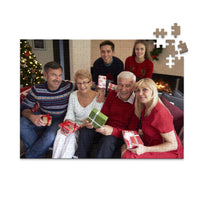 252 piece personalized Christmas puzzle featuring a family opening gifts.