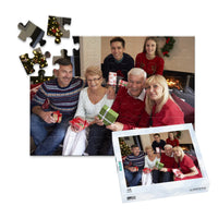 48 piece personalized Christmas puzzle featuring a family opening gifts, shown with its matching puzzle box
