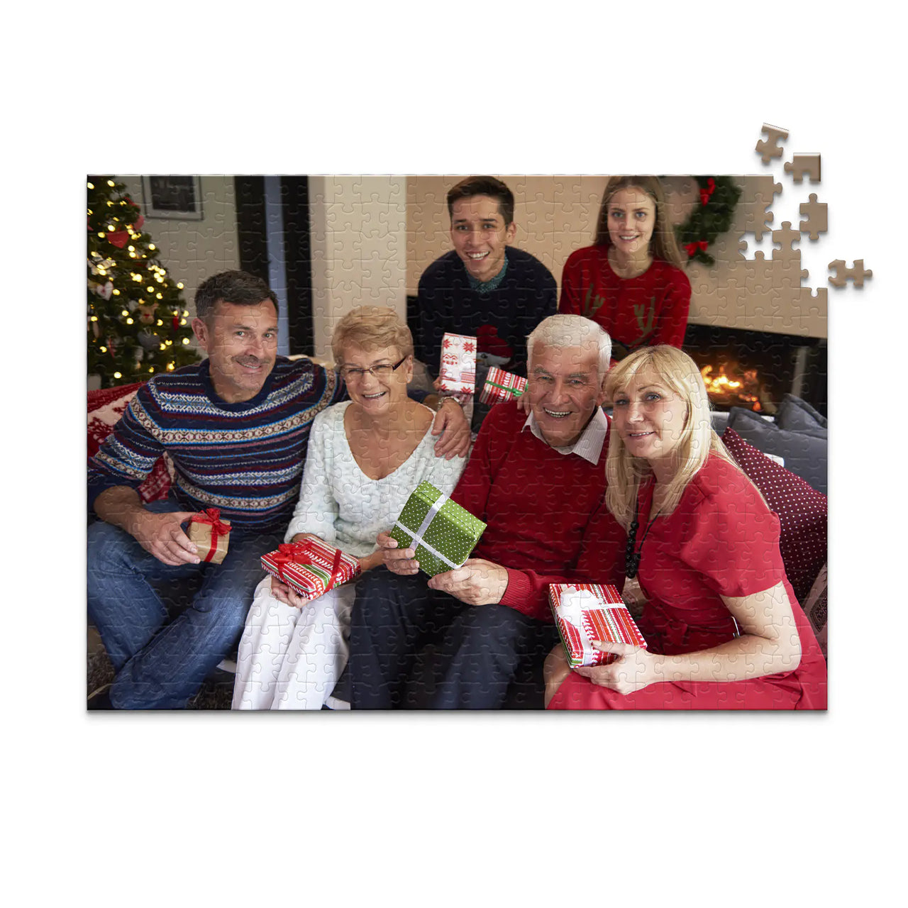 500 piece personalized Christmas puzzle featuring a family opening gifts.