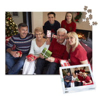 500 piece personalized Christmas puzzle featuring a family opening gifts, shown with its matching puzzle box