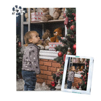 1000 piece personalized Christmas puzzle with puzzle box featuring a young boy decorating a Christmas tree
