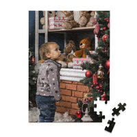 100 piece personalized Christmas puzzle featuring a young boy decorating a Christmas tree