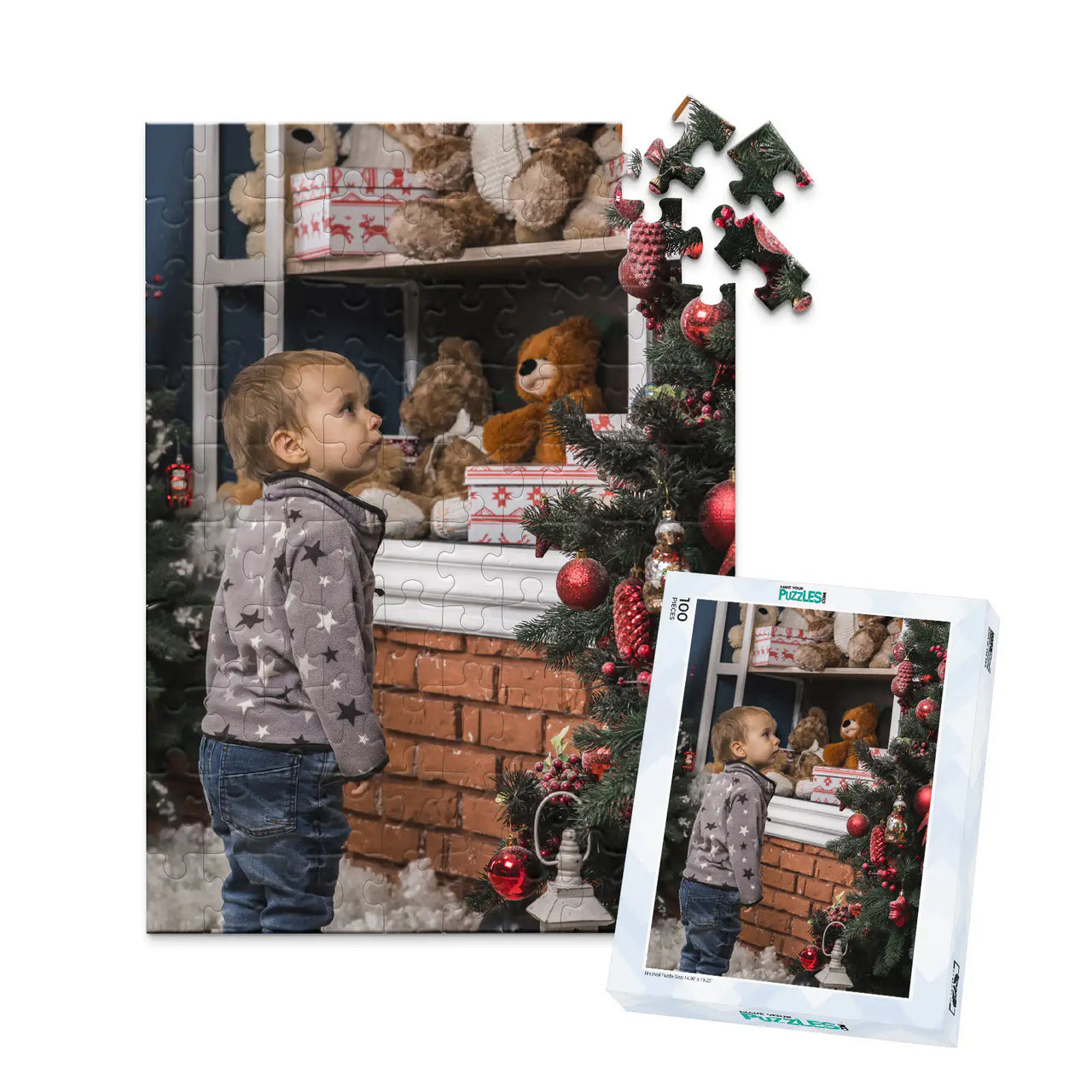 100 piece personalized Christmas puzzle  with matching puzzle box featuring a young boy decorating a Christmas tree