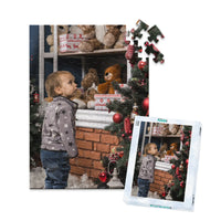 100 piece personalized Christmas puzzle  with matching puzzle box featuring a young boy decorating a Christmas tree