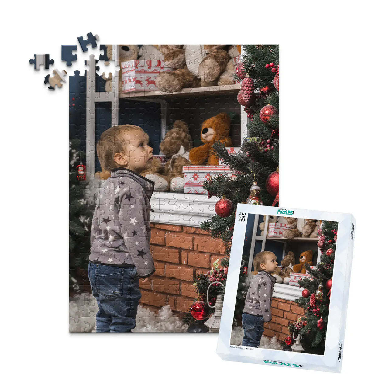 252 piece personalized Christmas puzzle with matching box featuring a young boy decorating a Christmas tree