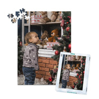 252 piece personalized Christmas puzzle with matching box featuring a young boy decorating a Christmas tree