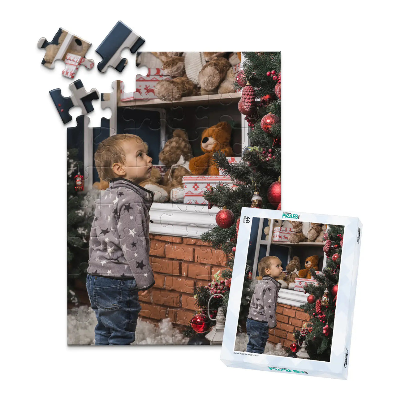 48 piece personalized Christmas puzzle with matching puzzle box featuring a young boy decorating a Christmas tree