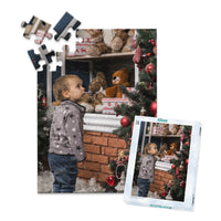 48 piece personalized Christmas puzzle with matching puzzle box featuring a young boy decorating a Christmas tree