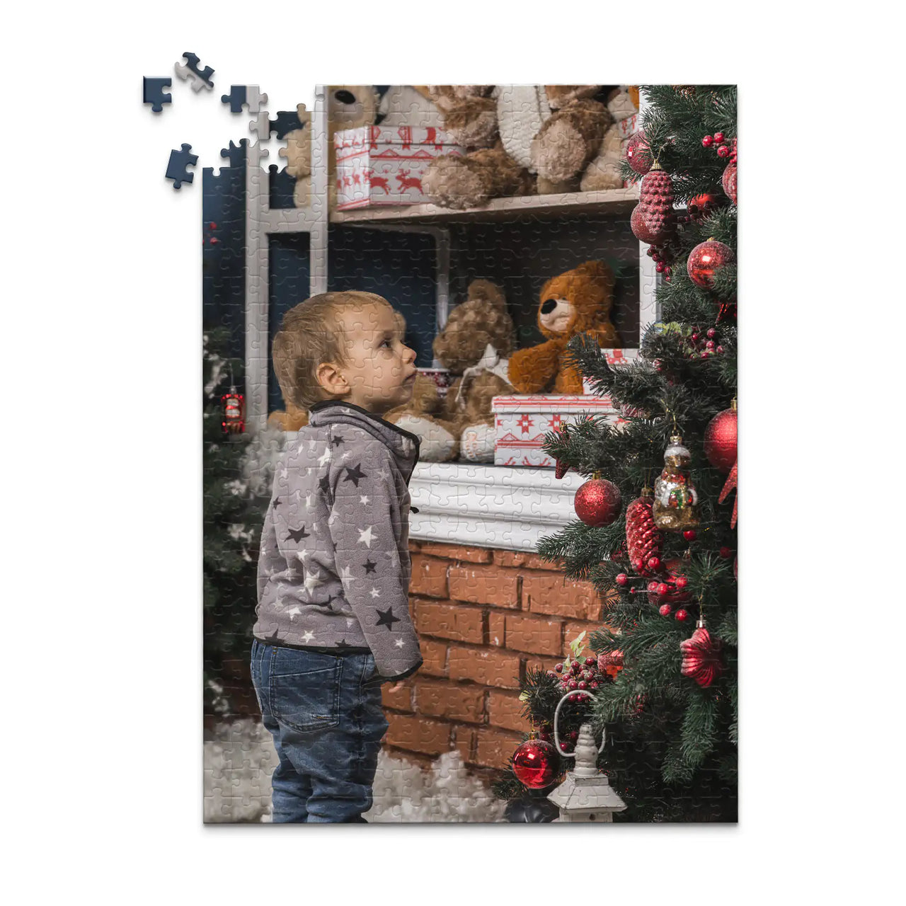 500 piece personalized Christmas puzzle featuring a young boy decorating a Christmas tree